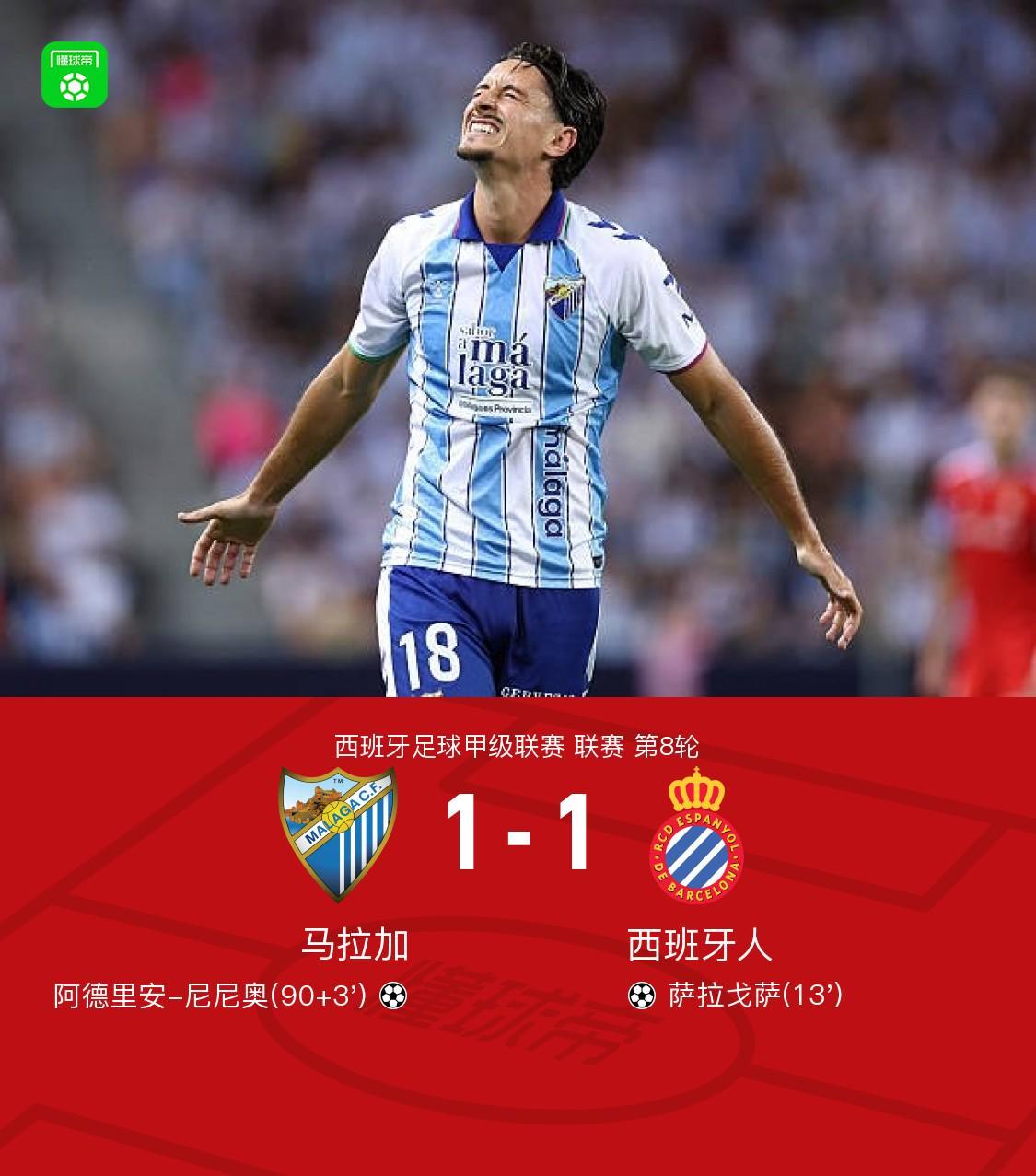 马拉加1-1绝平西班牙人，萨拉戈萨破门，阿德里安-尼尼奥救主